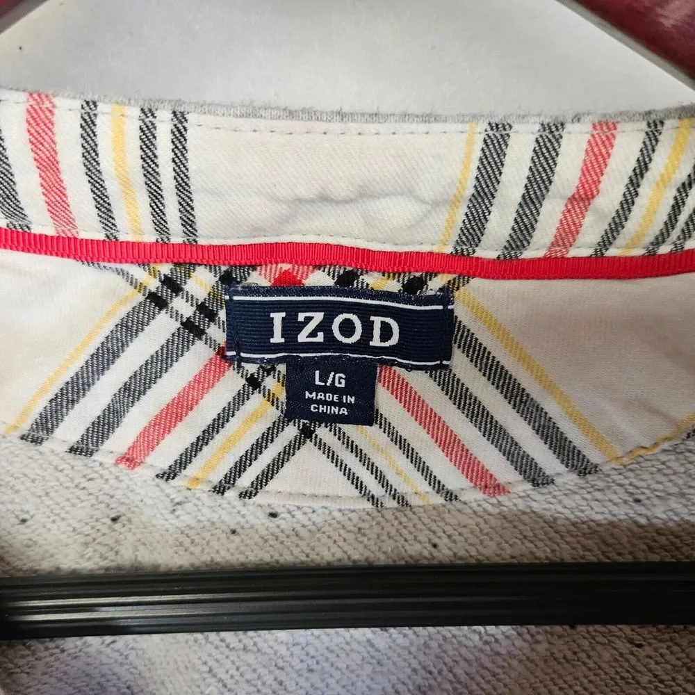 Izod Womens Sweatshirt‎ Shirttail Hem Stretch Tie Waist Heathered Gray Plaid L